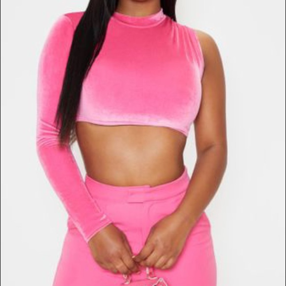 Hot pink velvet one shoulder crop top